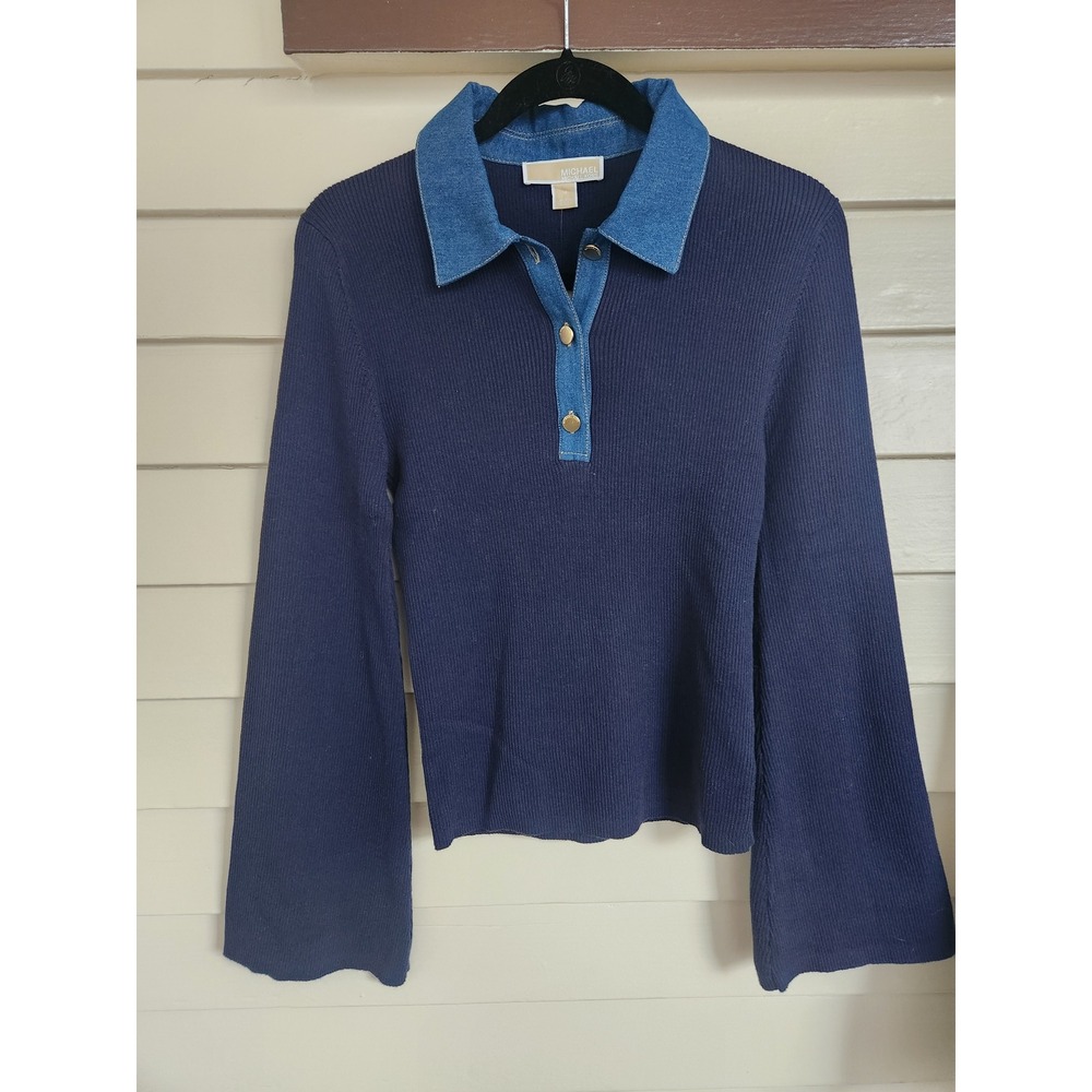 Michael Kors Ribbed Knit Bell Sleeve Sweater Denim Collar Midnight Blue M NWT